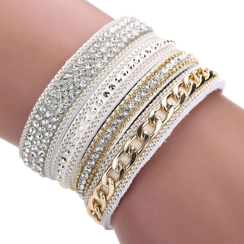 Glittering Crystal Magnetic Buckle Bracelet Wrist Strap Muiltilayer Bracelets Women Rhinestone Leather Bangles Jewelry Feminina 2