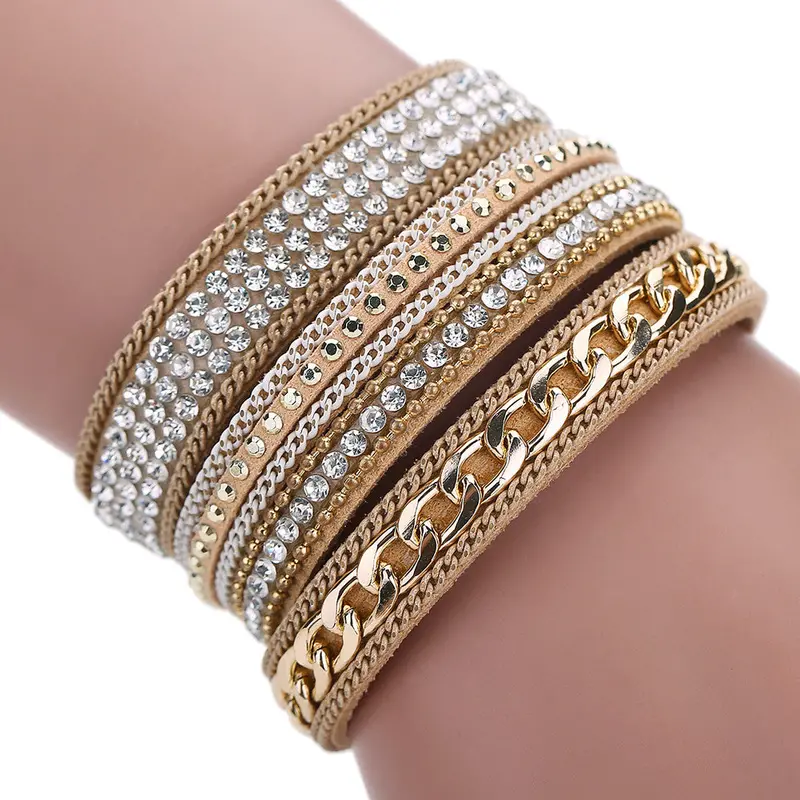 Glittering Crystal Magnetic Buckle Bracelet Wrist Strap Muiltilayer Bracelets Women Rhinestone Leather Bangles Jewelry Feminina 3