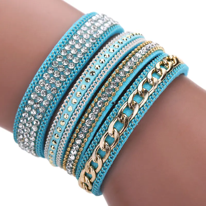 Glittering Crystal Magnetic Buckle Bracelet Wrist Strap Muiltilayer Bracelets Women Rhinestone Leather Bangles Jewelry Feminina 4