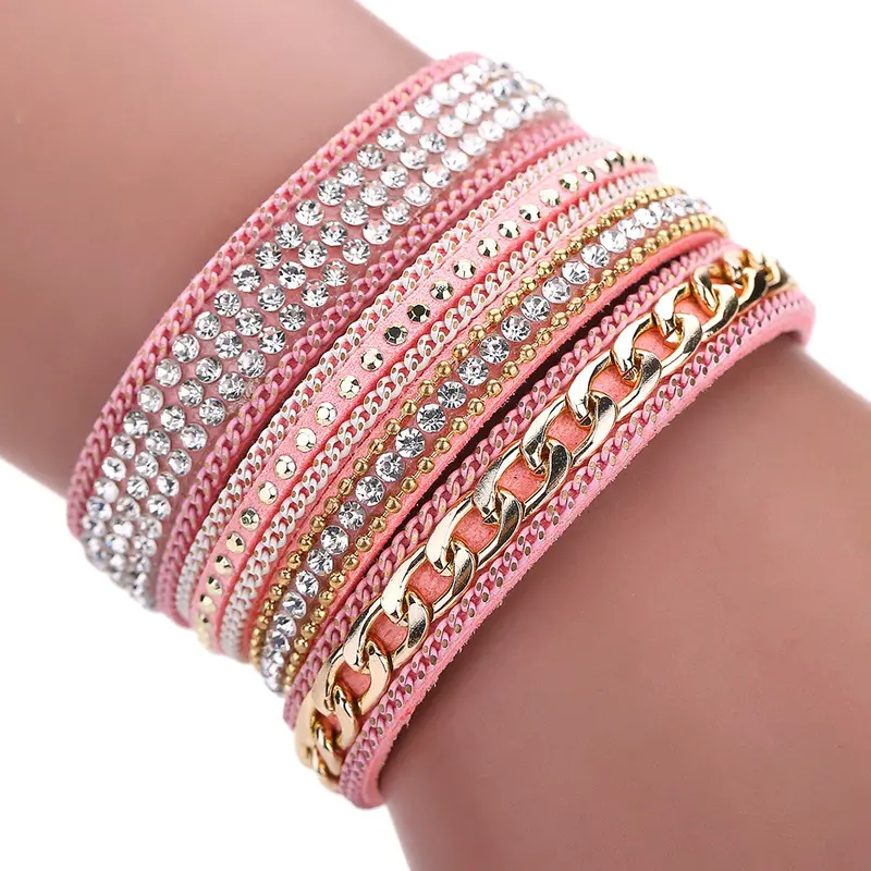 Glittering Crystal Magnetic Buckle Bracelet Wrist Strap Muiltilayer Bracelets Women Rhinestone Leather Bangles Jewelry Feminina 5