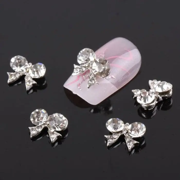 Goforward 10 Pcs Bow Tie Alloy 3D Clear Rhinestone Nail Art Slice Diy Decoration 1