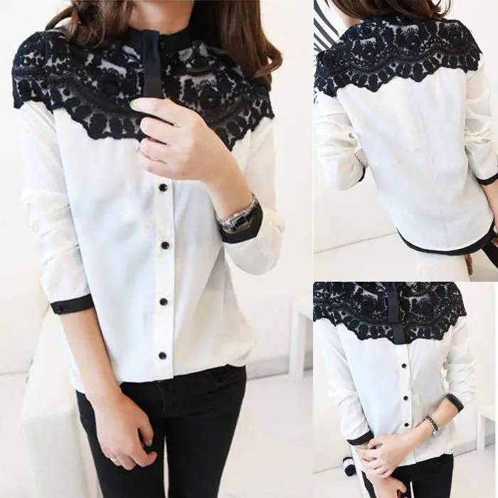 Goforward Coming Lace Floral Women Chiffon Shirt Tops Button Down Long Sleeve Blouse 1