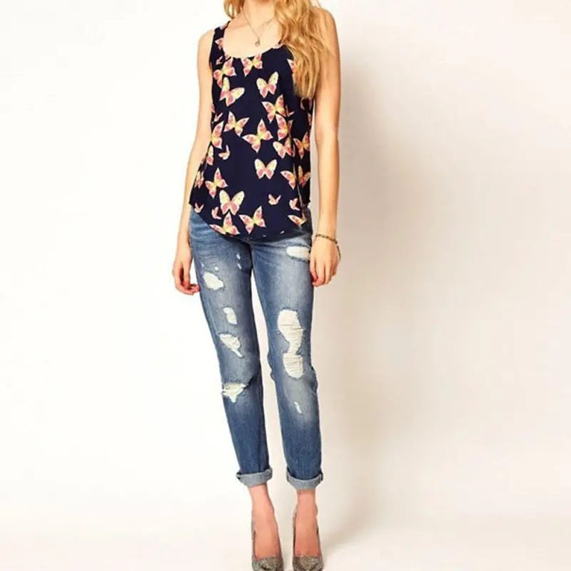 Goforward Plus Size Women Butterfly Print Sleeveless Chiffon Tanks Tops Shirts Crew Vest Asymmetrical Blouses 1