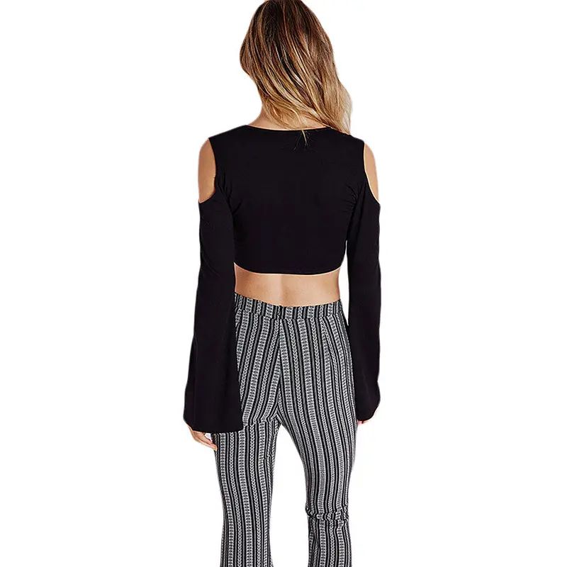 Goforward Sexy V-Neck Hollow Out Flare Long Sleeve Strapless Shoulder Slim Blouse Short Tops 3