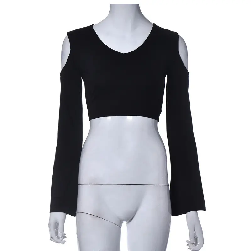 Goforward Sexy V-Neck Hollow Out Flare Long Sleeve Strapless Shoulder Slim Blouse Short Tops 4