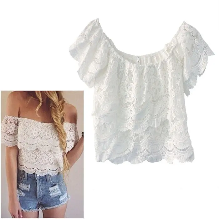 Goforward Sexy Women Lace Crochet Tops Off-Shoulder Tee Shirt Casual 1