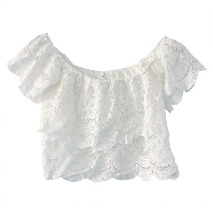 Goforward Sexy Women Lace Crochet Tops Off-Shoulder Tee Shirt Casual 2