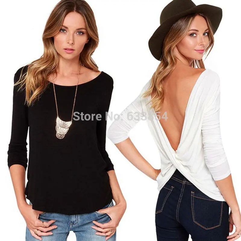 Goforward Sexy Women Long Sleeved Pleated Cross Wrap Draped Backless T-Shirt Tops 1