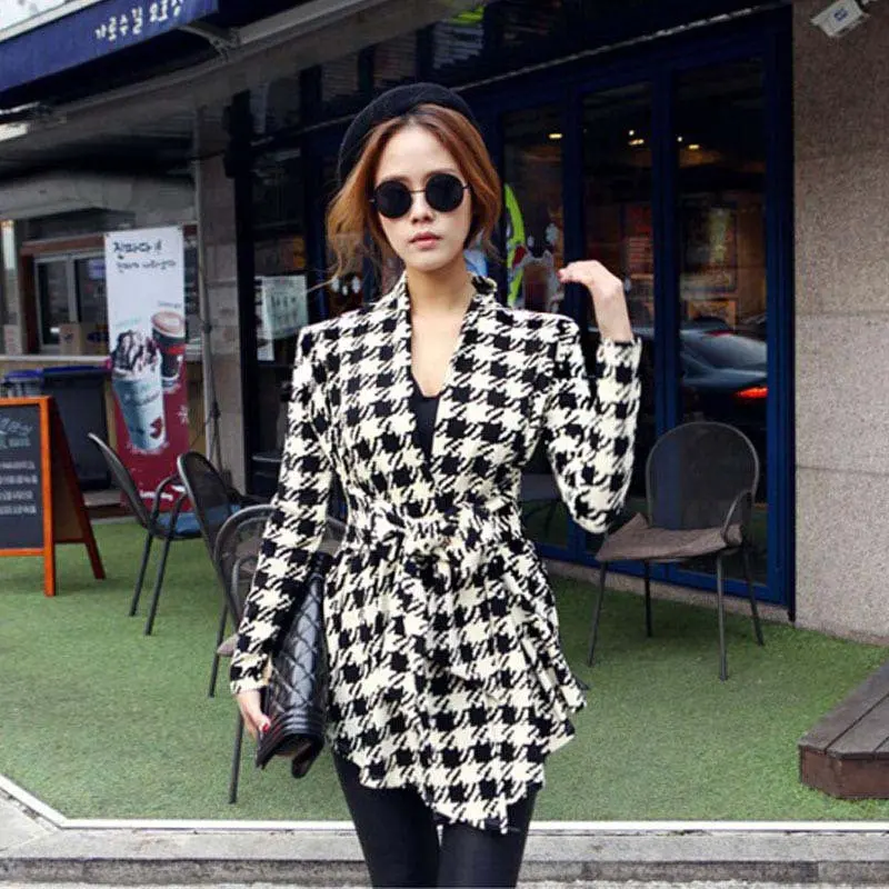 Goforward Women Clothing Korean Womens Houndstooth Pattern Thin Cardigan Coat Jacket Outwear 1