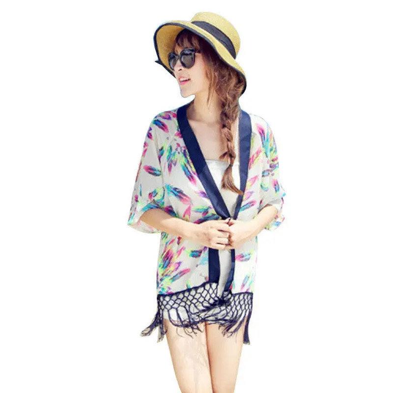 Goforward Women Feathers Printed Clothes Sexy Beachwear Cover Up Tassel Shawl Chiffon Kimono Cardigan 1