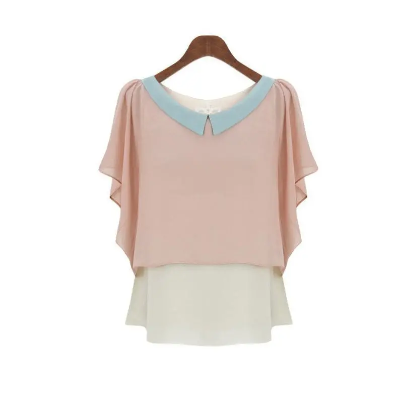 Goforward Women Hit Color Doll Collar Loose Chiffon Blouse Feifei Sleeve Shirt Tops 1