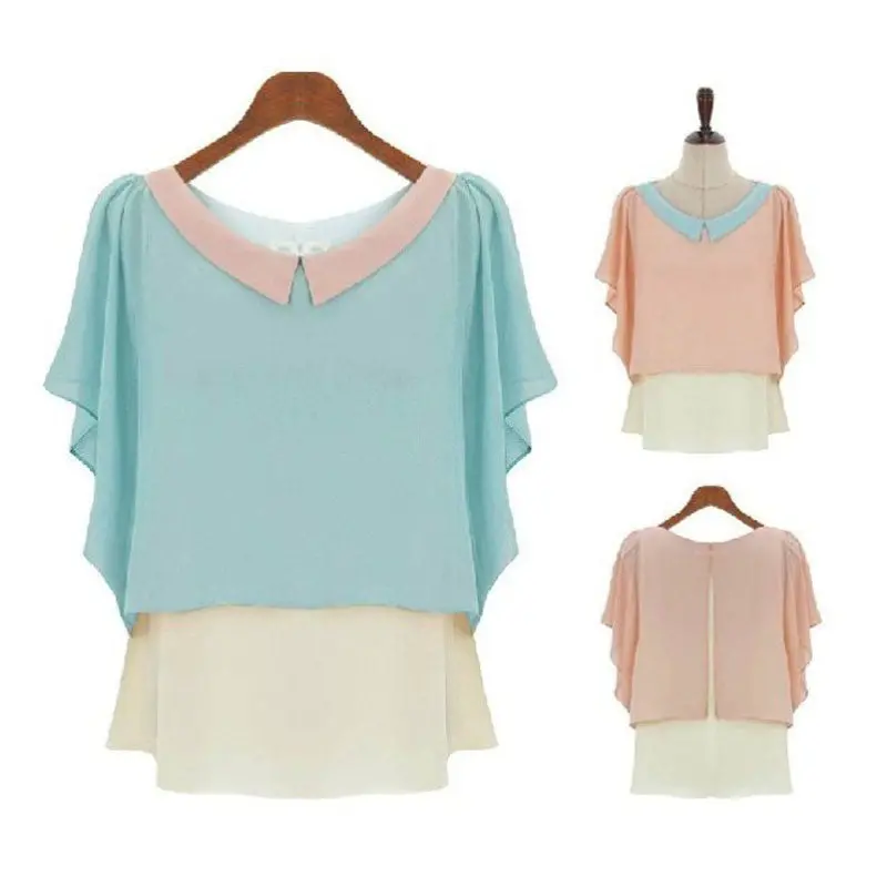 Goforward Women Hit Color Doll Collar Loose Chiffon Blouse Feifei Sleeve Shirt Tops 3