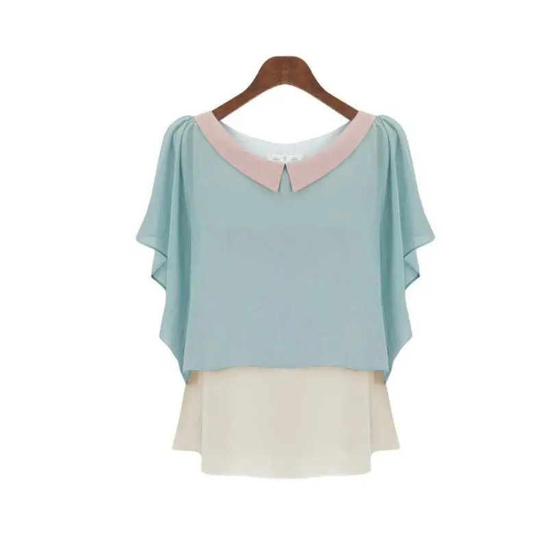 Goforward Women Hit Color Doll Collar Loose Chiffon Blouse Feifei Sleeve Shirt Tops 4