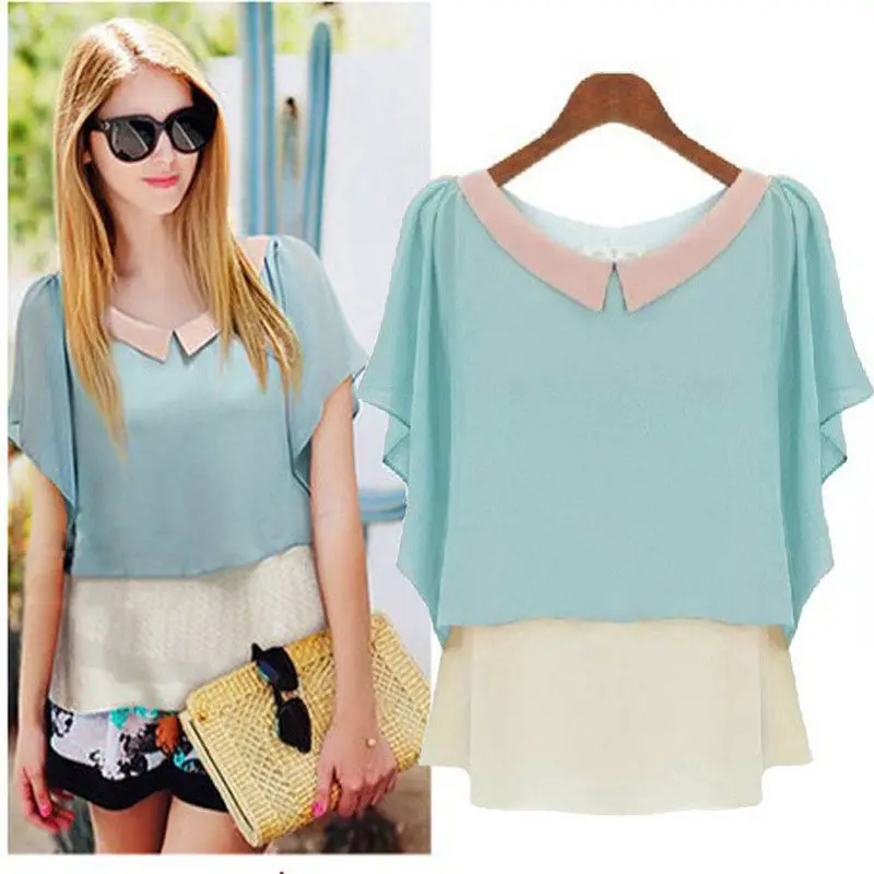 Goforward Women Hit Color Doll Collar Loose Chiffon Blouse Feifei Sleeve Shirt Tops 4