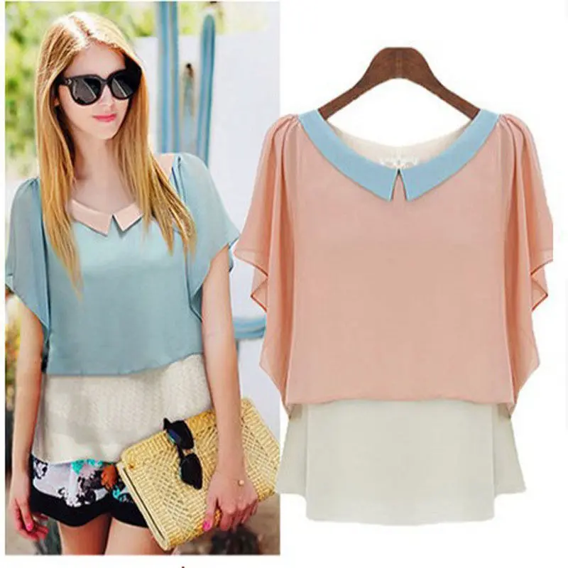Goforward Women Hit Color Doll Collar Loose Chiffon Blouse Feifei Sleeve Shirt Tops 5