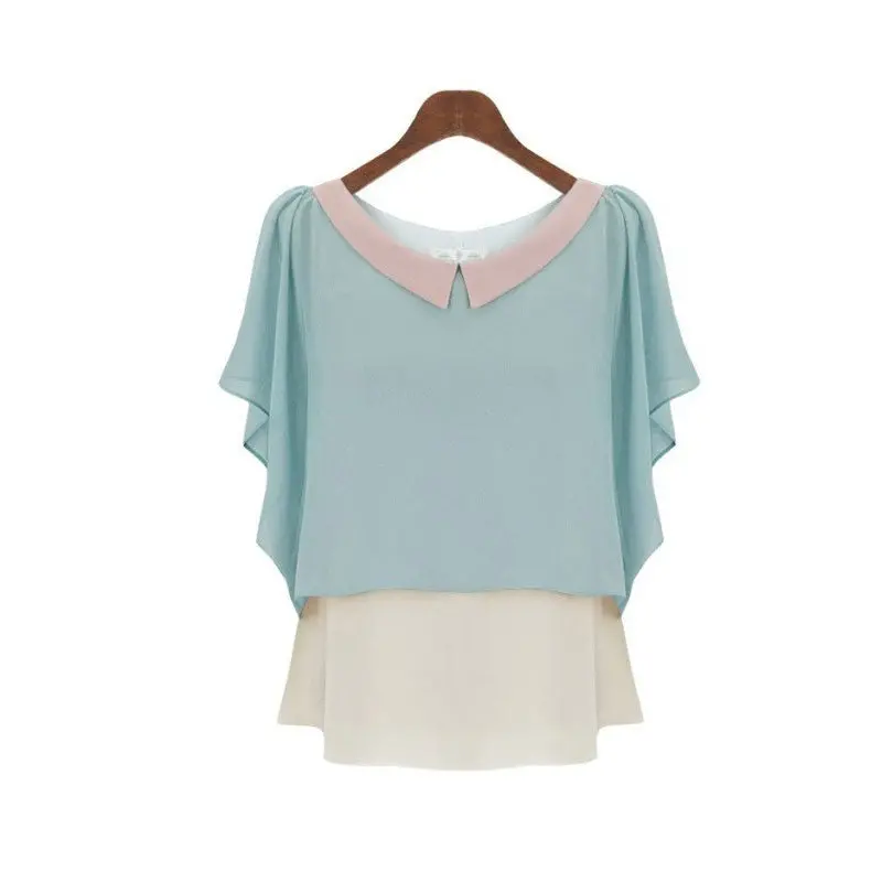 Goforward Women Hit Color Doll Collar Loose Chiffon Blouse Feifei Sleeve Shirt Tops 6