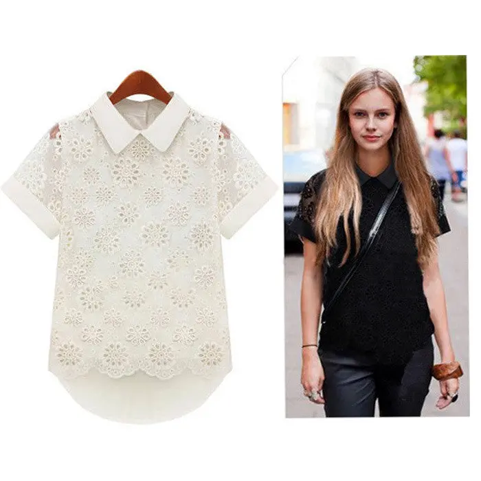 Goforward Women Hollow Out Short Sleeve Sheer Chiffon Blouse 1