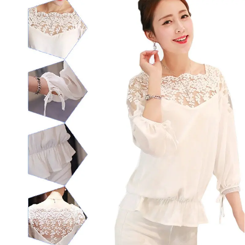 Goforward Women Lady Long Sleeve Sheer Lace Shirt Chiffon Blouse White Black Plus Size 1