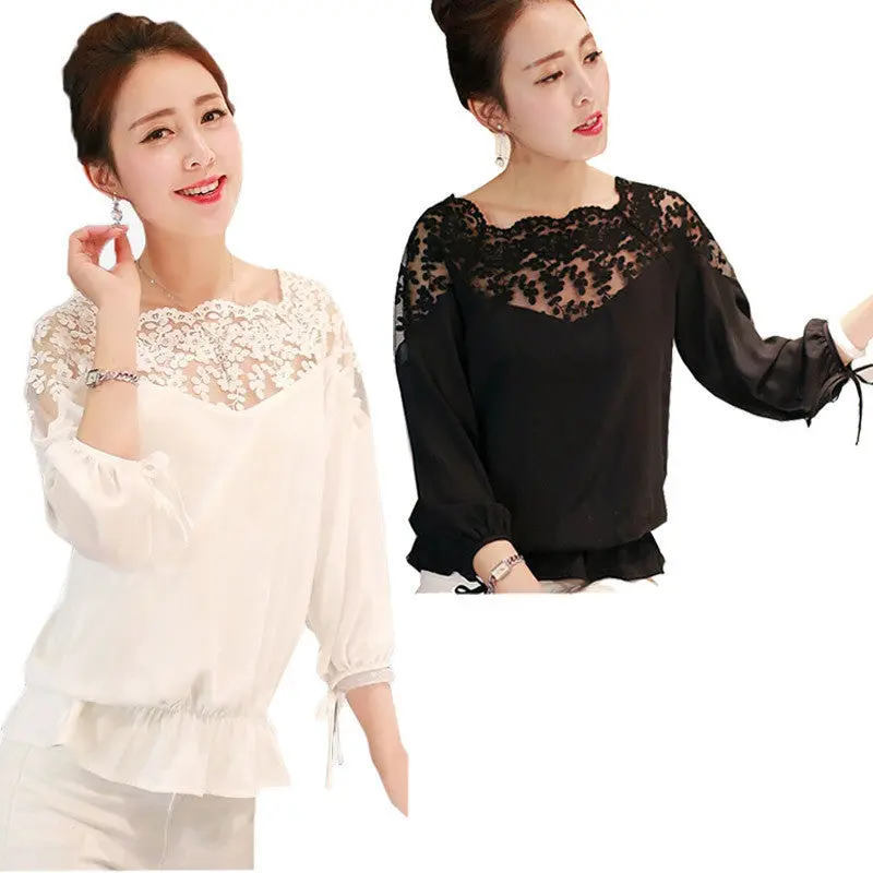 Goforward Women Lady Long Sleeve Sheer Lace Shirt Chiffon Blouse White Black Plus Size 3