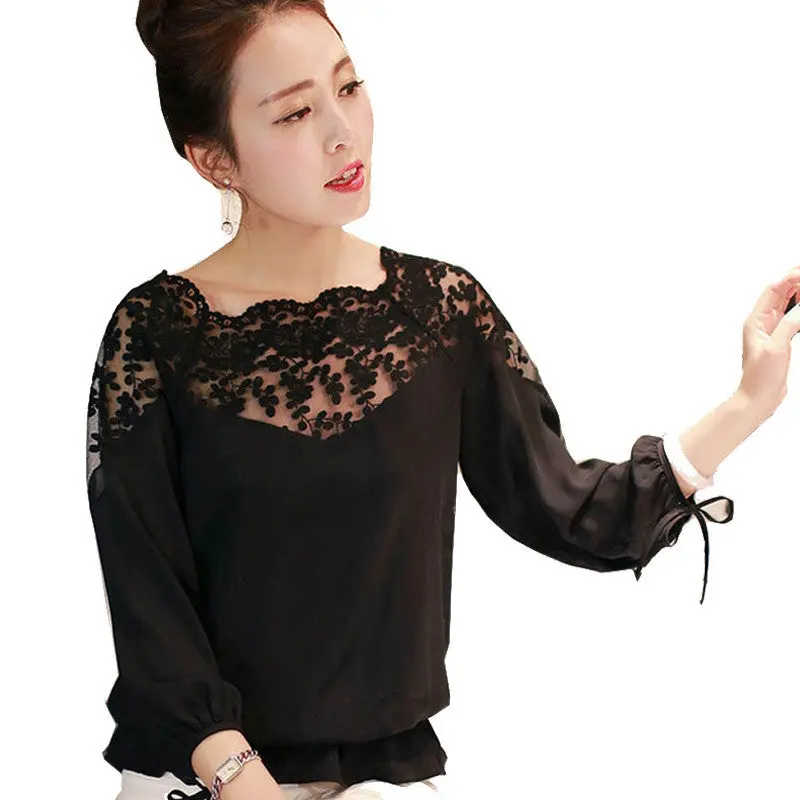 Goforward Women Lady Long Sleeve Sheer Lace Shirt Chiffon Blouse White Black Plus Size 4