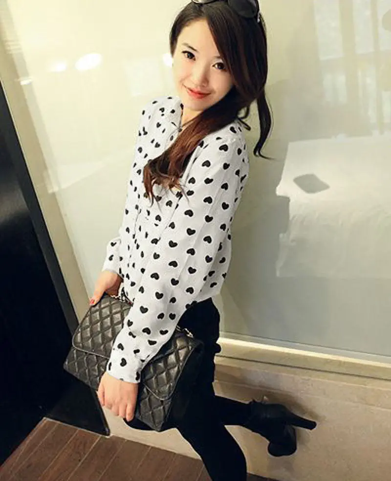 Goforward Women Long Sleeve Shirt Chiffon Lady Love Heart Sweet Blouse 1