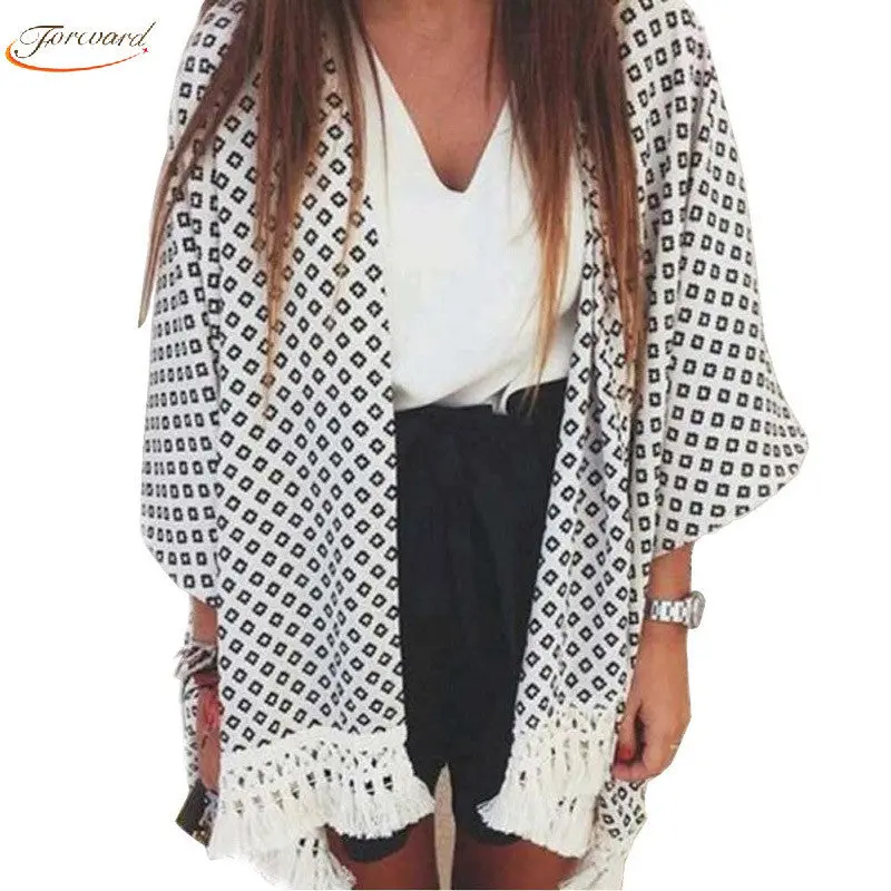 Goforward Women Spain Style Geometry Printed Tassel Chiffon Kimono Cardigan Tops Cover Up Camisas Femininas Blusas 1