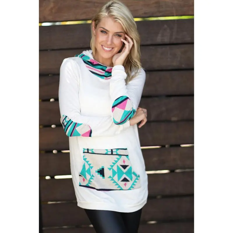 Goforward Womens Geometric Printing Pocket Hoodie Hooded Pullover Tops Blouse Fast Shipping 2