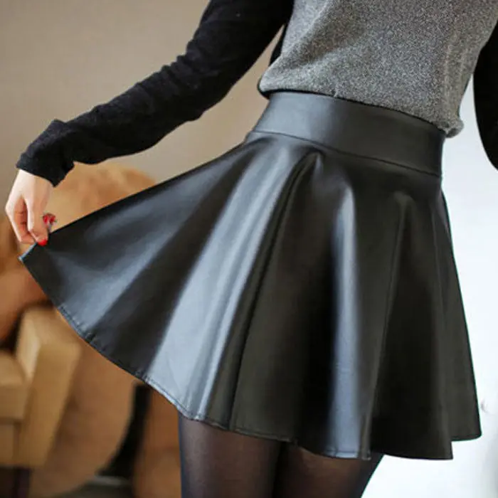 Gofuly Excellent Women Faux Leather High Waist Skater Flared Pleated Short Mini Skirt 1