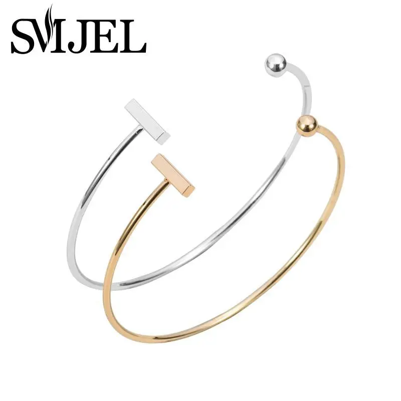 Gold And Silver Plated Simple Bar With Ball Bracelet Bangles Open Wire Bangles G010 1