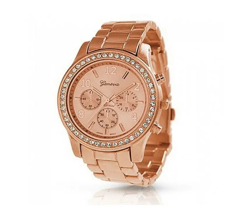 Gold Clock Essential Faux Chronograph Quartz Plated Classic Round Ladies Women Crystals Watch Promotion Price Best Deal 1