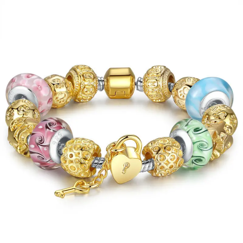 Gold Plated Charm Bracelet Bangle For With Multicolor Murano Glass Beads Diy Birthday A1810 1