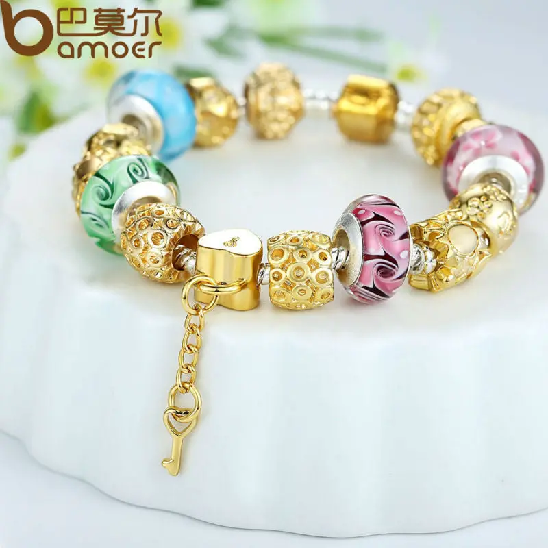 Gold Plated Charm Bracelet Bangle For With Multicolor Murano Glass Beads Diy Birthday A1810 2