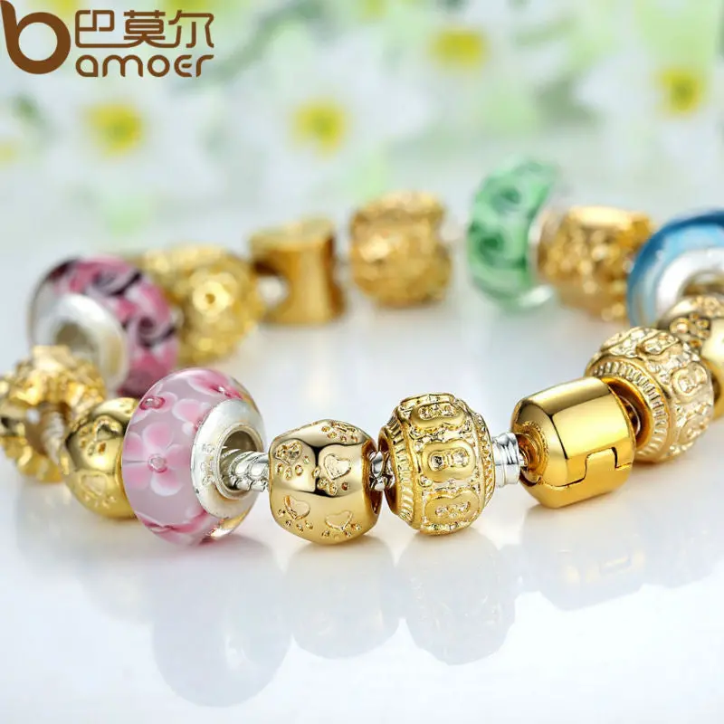 Gold Plated Charm Bracelet Bangle For With Multicolor Murano Glass Beads Diy Birthday A1810 3