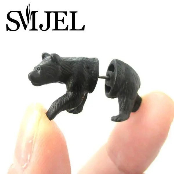 Gold Silver And Black Fake Gauge Earrings Istic Black Bear Animal Themed Faux Plug Stud Earrings S93 1