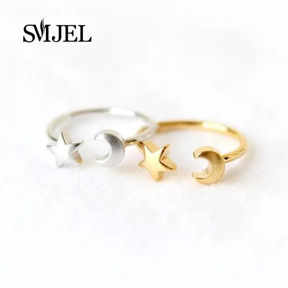 Gold Silver And Rose Gold Plated Adjustable Crescent Moon And Tiny Star Rings R161 1