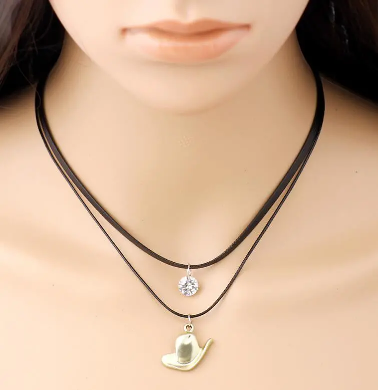 Gold Vintage Punk Cowboy Hat Pendant Necklace Black Leather Necklace Steampunk Jewelry Psxl035 1