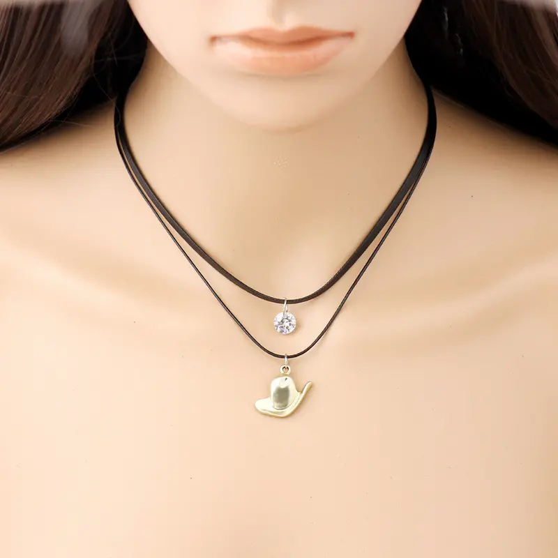 Gold Vintage Punk Cowboy Hat Pendant Necklace Black Leather Necklace Steampunk Jewelry Psxl035 2