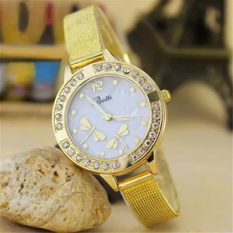 Gold Watch Fine Belt Diamond Dragonfly Pattern Alloy Quartz Wrist Watches For Women Luxury Bayan Kol Saati Feida 1