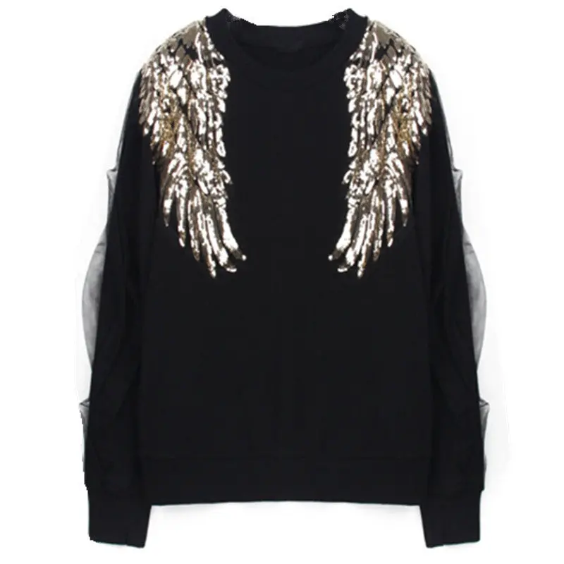 Gold Wings Sequin Pullovers Sweatshirt Women Splice Mesh Long Sleeve O Neck Hoodies Sweats Jumpers Femme Fleece Inside 1