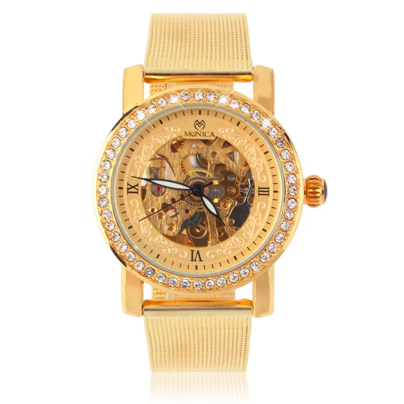 Golden Round Case Diamond Mechanical Analog Watch Metal Mesh Band Hollow Dial 1