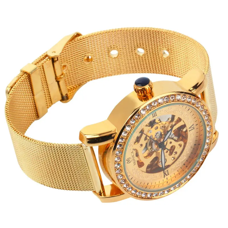 Golden Round Case Diamond Mechanical Analog Watch Metal Mesh Band Hollow Dial 2