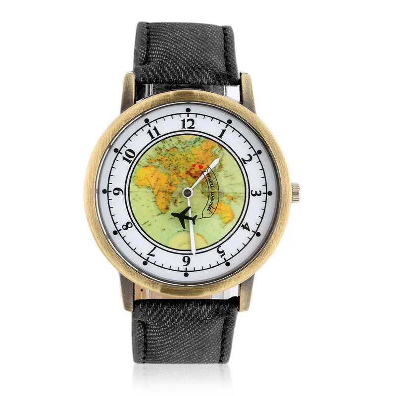 Golden Round Shell World Map By Plane Watch Date Quartz Denim Fabric Wristwatch Analogmujer Relogio Feminino 1