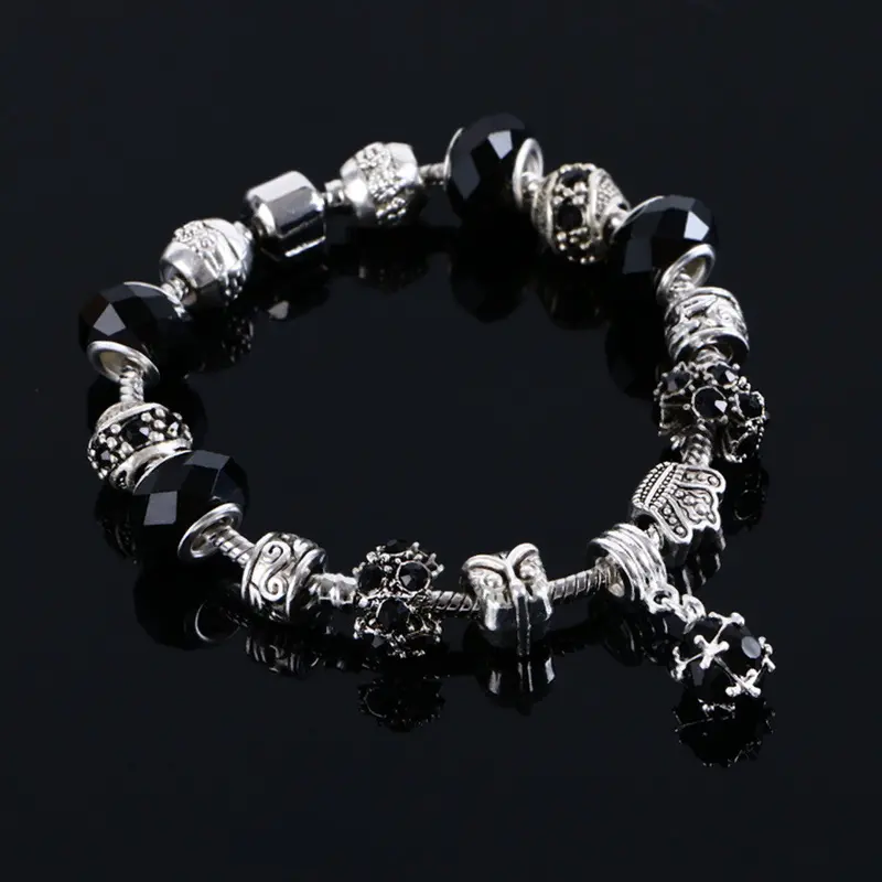 Good Lady Crystal Beads Plated Cuff Bangle Charm Crown Pendant Bracelets Vintage Jewelry 1