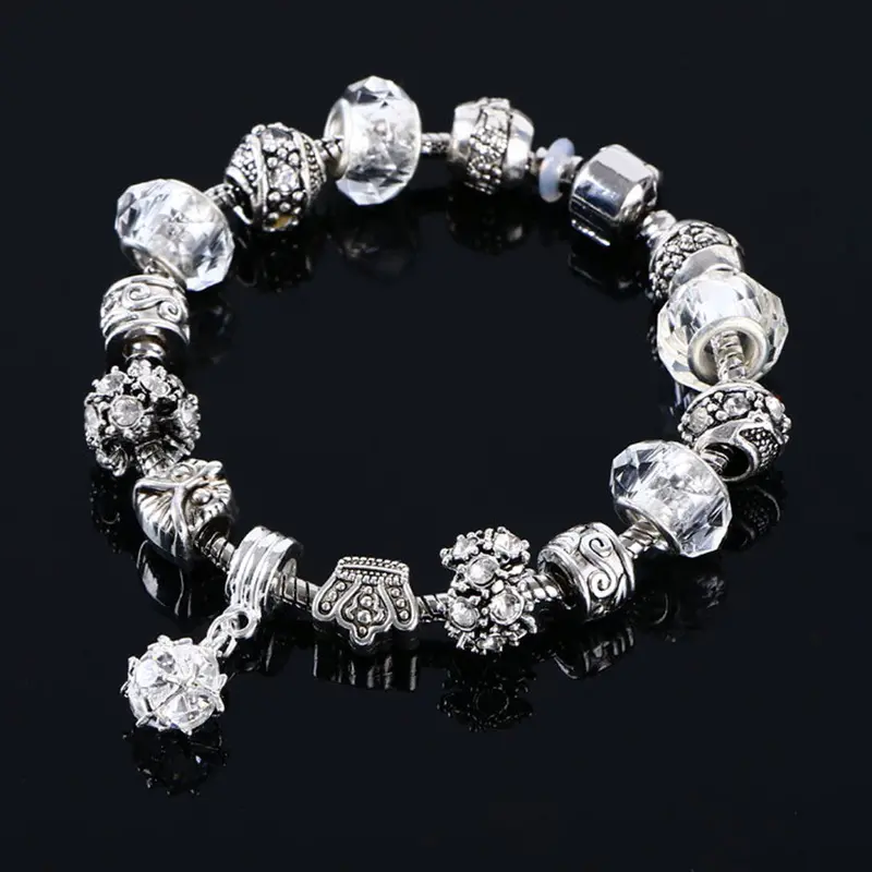 Good Lady Crystal Beads Plated Cuff Bangle Charm Crown Pendant Bracelets Vintage Jewelry 2