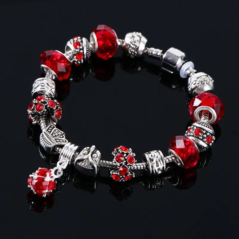 Good Lady Crystal Beads Plated Cuff Bangle Charm Crown Pendant Bracelets Vintage Jewelry 3