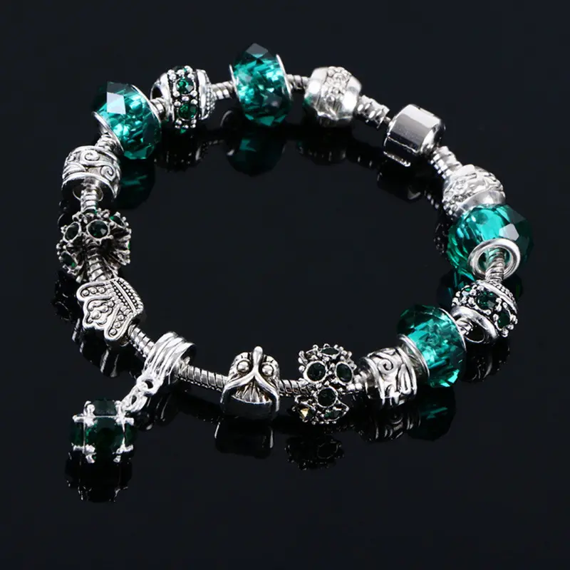 Good Lady Crystal Beads Plated Cuff Bangle Charm Crown Pendant Bracelets Vintage Jewelry 4