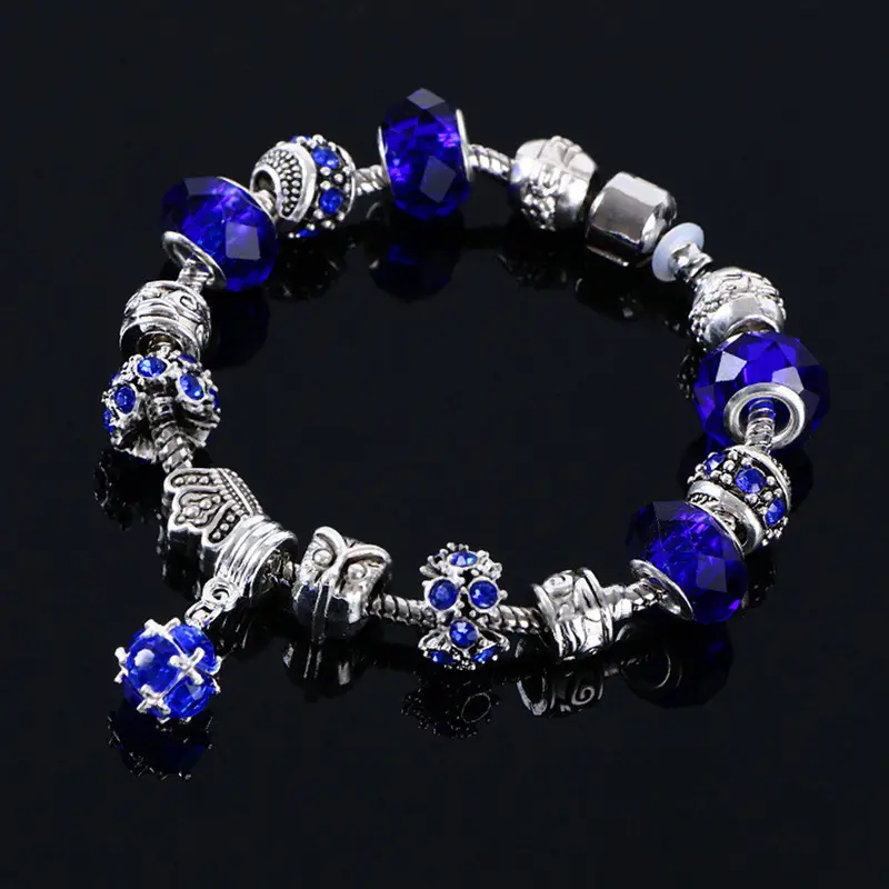 Good Lady Crystal Beads Plated Cuff Bangle Charm Crown Pendant Bracelets Vintage Jewelry 5