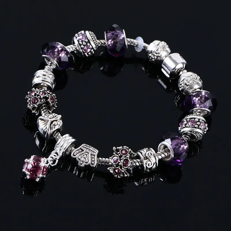 Good Lady Crystal Beads Plated Cuff Bangle Charm Crown Pendant Bracelets Vintage Jewelry 6