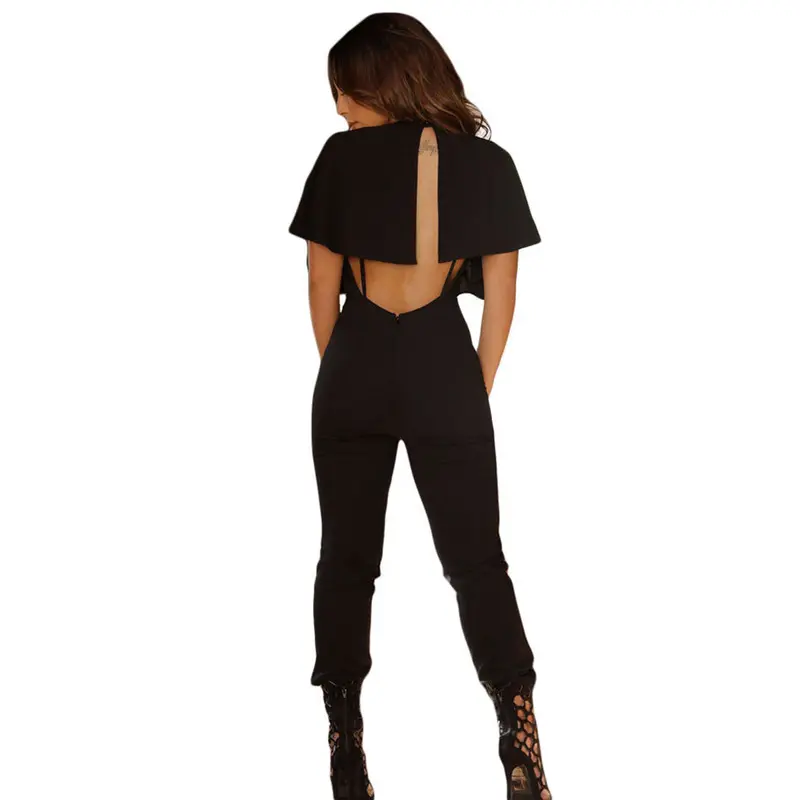 Good Stretch Backless Fitness Overall Rompers Jumpsuit Long Pants Black Ruffles V Neck Sexy Outfits 6