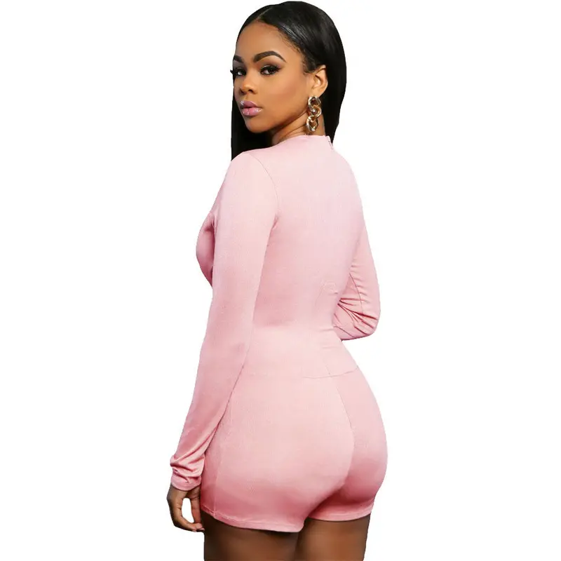 Good Stretch Bodycon Long Sleeve Playsuit Deep V Neck Black Pink Sexy Rompers Fitness Short Jumpsuit 6